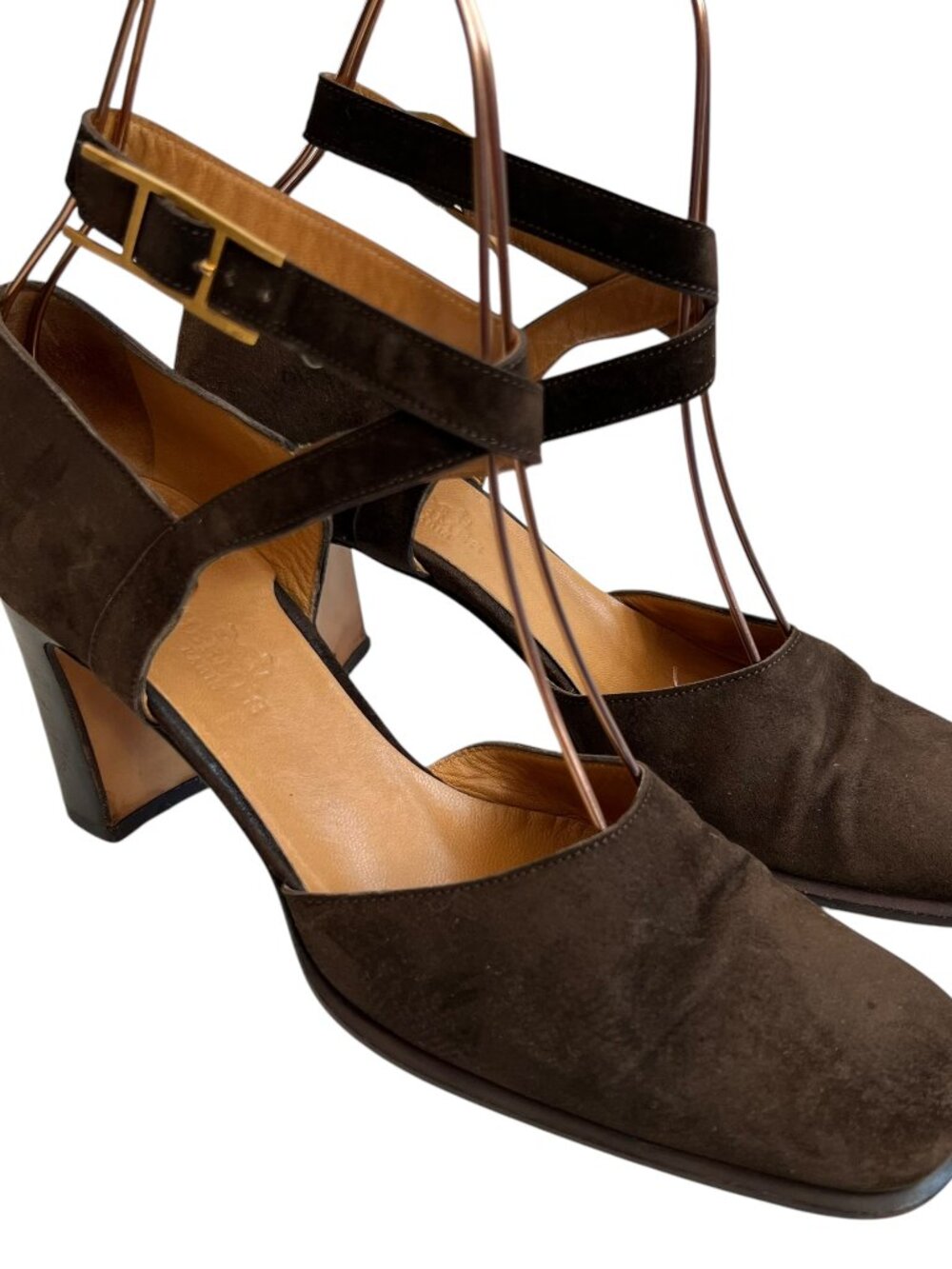 Vintage Hermes high heel shoes dark brown suede wrap around ankle strap 36.5